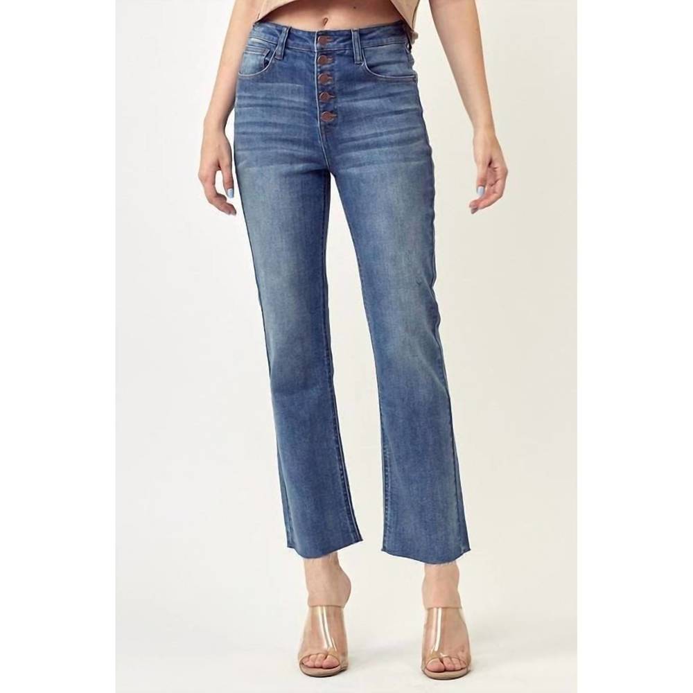 RISEN high rise button fly straight leg jean in medium wash
